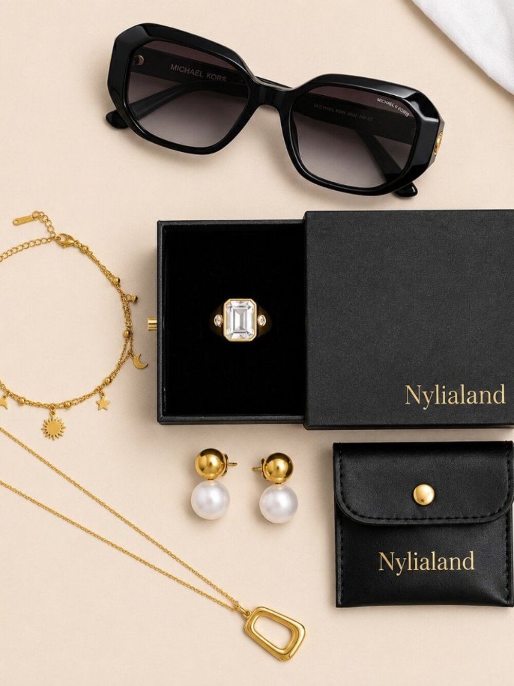Michael Kors Black Sunglasses & Gold Celestial Pearl Jewelry Bundle